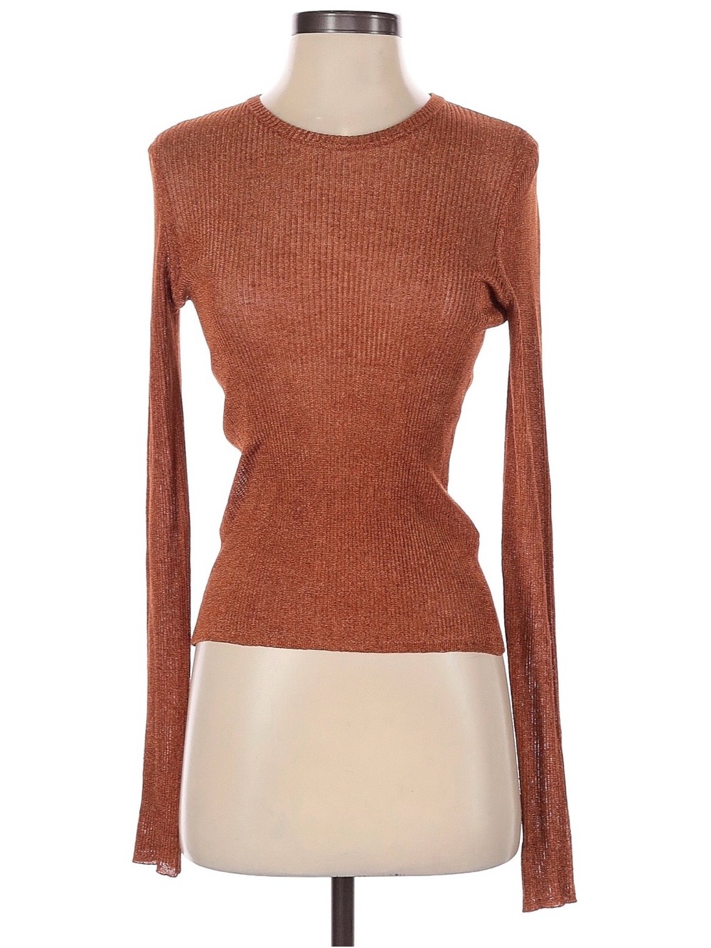 Hugo Boss Ribbed Long-Sleeve Crewneck Top - Rust Brown